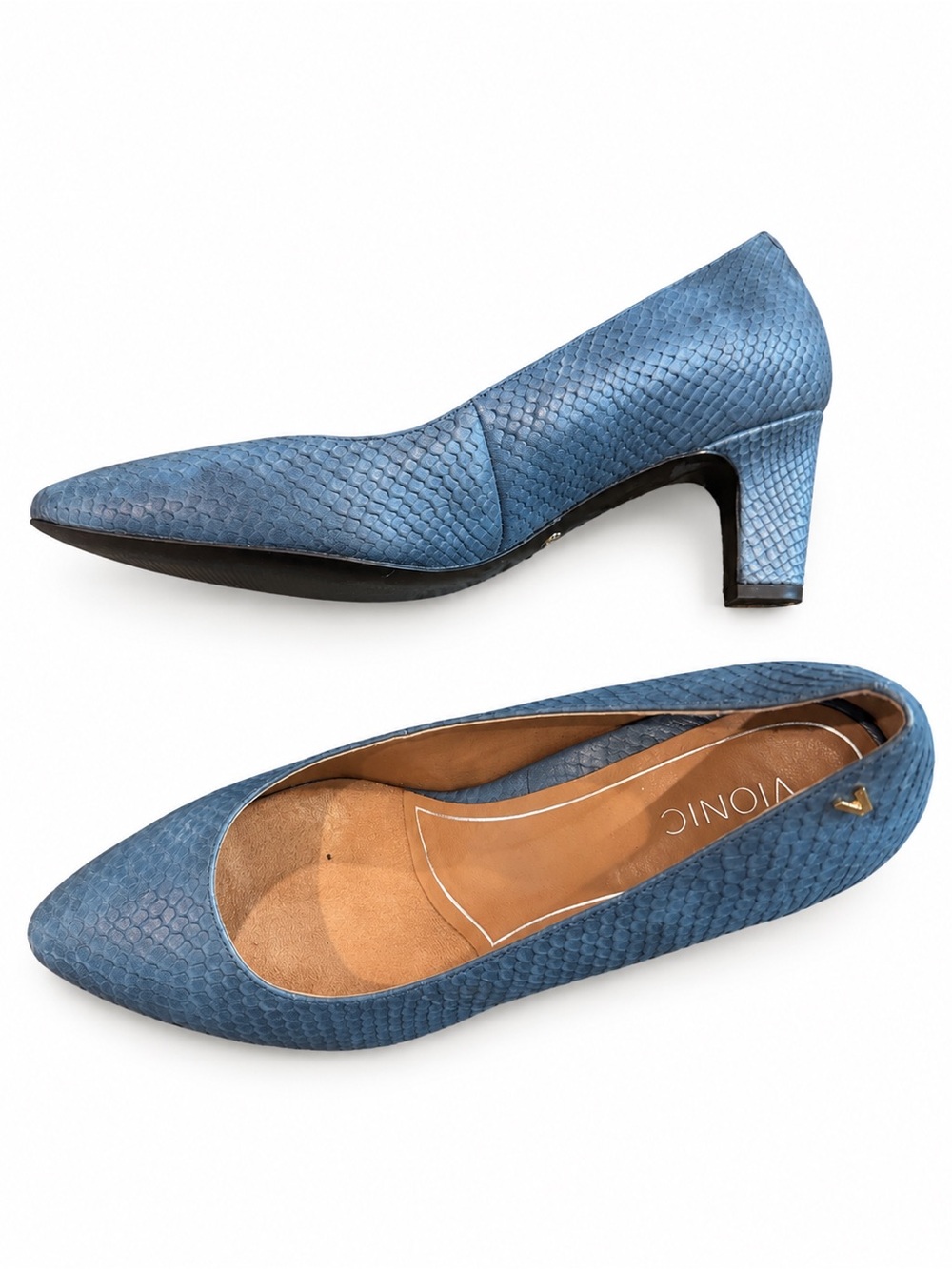 Vionic Madison Mia Blue Snakeskin Leather Block Heel Pumps Size 8.5